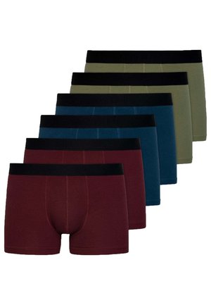 Sześć par dopasowanych bokserek w kolorach burgundowym, granatowym, tealowym, oliwkowym i ciemnoszarym. Każda ma czarny elastyczny pas i gładki materiał.