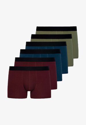 Sześć par dopasowanych bokserek w kolorach burgundowym, granatowym, tealowym, oliwkowym i ciemnoszarym. Każda ma czarny elastyczny pas i gładki materiał.