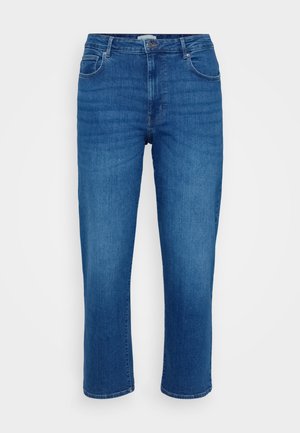 Blå denimjeans med rak bendesign, femficksstil och en klassisk knapp- och dragkedjestängning, med subtila slitningar på framsidan.