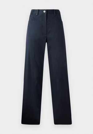 Dark navy trousers with a straight-leg design, made from smooth fabric. Features front pockets, a button closure, and subtle stitching details.