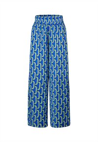 Pantalons larges bleu avec un motif géométrique en vert et bleu clair. Fabriqués en matériau léger avec une taille élastique.