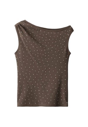 Top senza maniche marrone con scollo a barchetta e pois bianchi su tutto il tessuto. Realizzato in materiale morbido e elasticizzato con una texture liscia.