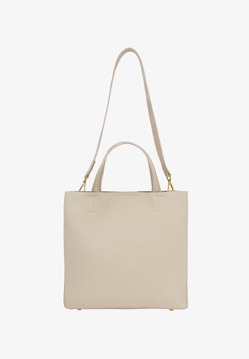 Beige leather tote bag with a textured finish, two short handles, a long adjustable strap, and gold-tone hardware accents.