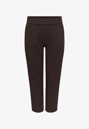 Tamsiai rudos, lieknos, kulkšnies ilgio kelnės su aukštu liemeniu ir subtiliomis priekinėmis klostėmis, pateiktos ant baltos foninės.