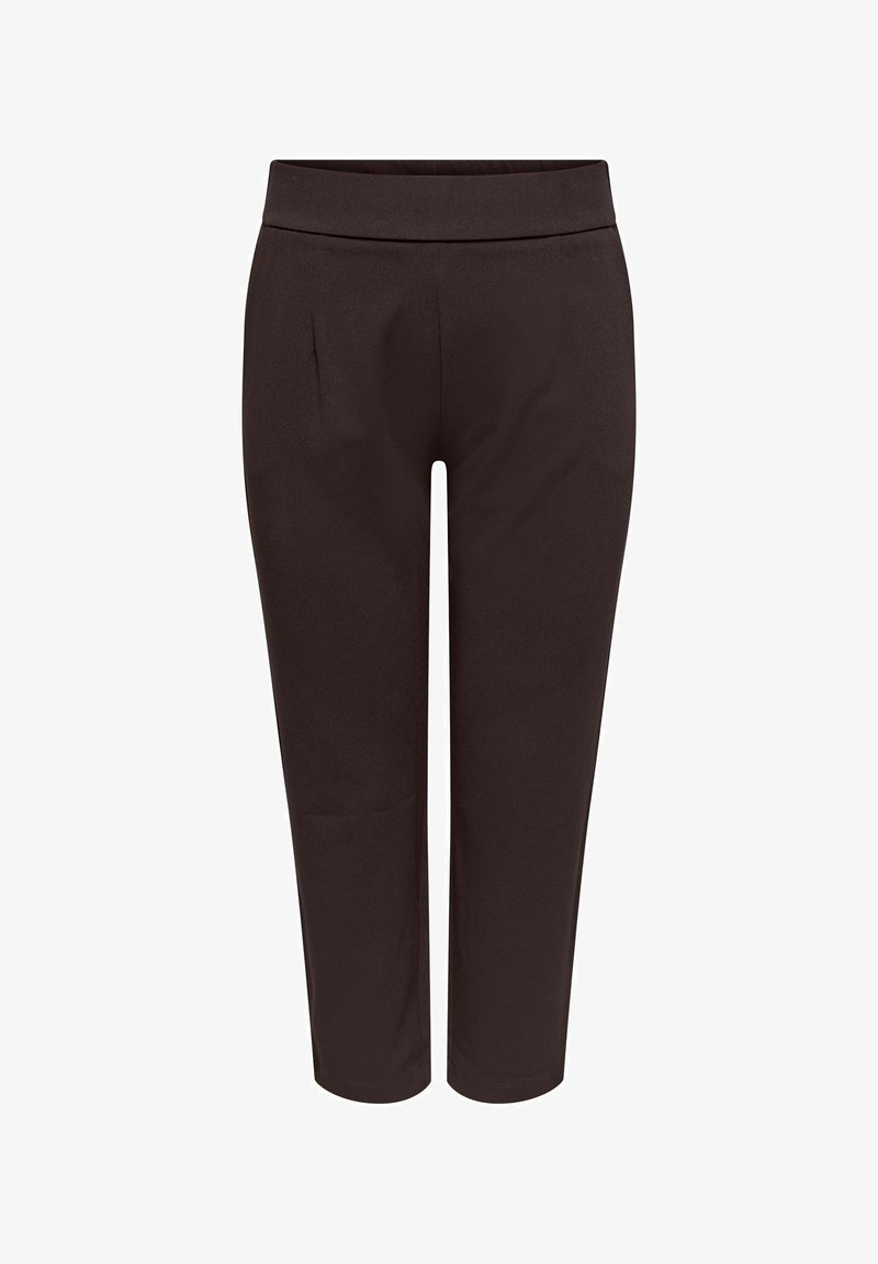 Tumepruunid, kitsad, pahkluu pikkused püksid kõrge vöökohaga ja peente esikortsudega, valgel taustal eksponeeritud.