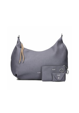 Graue Hobo-Tasche aus glattem Kunstleder, mit einer geschwungenen Form, zweifarbigen Reißverschluss-Ziehen und einer kleinen passenden Geldbörse mit Druckknopfverschluss.