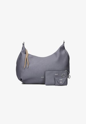 Grijze hobo tas gemaakt van glad kunstleer, met een gebogen vorm, twee kleuren rits trekkers en een kleine bijpassende portemonnee met drukknoopsluiting.