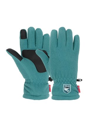 Winterhandschuhe aus petrolfarbenem Fleece mit schwarzen Griff-Patches am Daumen und an der Handfläche, elastischen Bündchen und einem kleinen Logo-Patch am Bund.