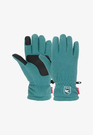 Winterhandschuhe aus petrolfarbenem Fleece mit schwarzen Griff-Patches am Daumen und an der Handfläche, elastischen Bündchen und einem kleinen Logo-Patch am Bund.