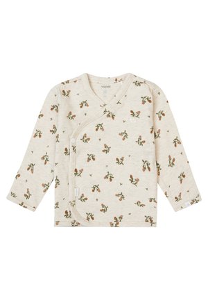Hellbeiger Langarm-Body aus weicher Baumwolle, mit Wickeldesign und floralem Blattmuster in Grün- und Pinktönen, Druckknopfverschluss.