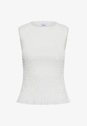 Bijela bluza bez rukava sa nabrano-elastičnom teksturom i blagim proširenjem na rubu, označena kao Saint Tropez.