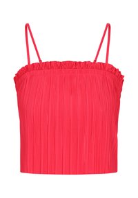 Rode geplooide crop top met dunne verstelbare bandjes. Heeft een gerimpelde halslijn en een gladde textuur over het hele lichaam.
