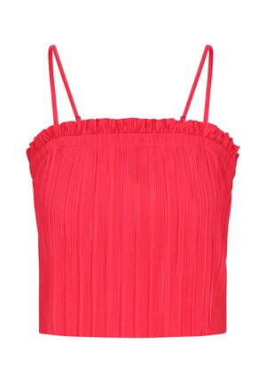 Red pleated crop top with thin adjustable straps. Features a ruffled neckline and a smooth texture throughout the body.