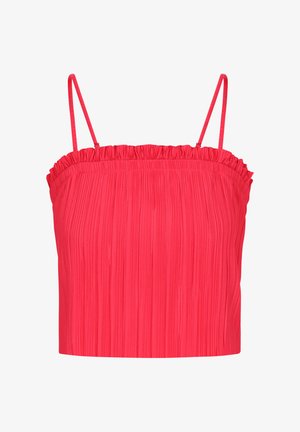 Red pleated crop top with thin adjustable straps. Features a ruffled neckline and a smooth texture throughout the body.