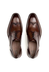 Scarpe eleganti in pelle marrone con finitura liscia, design a punta d'aquila, e lacci sottili, dotate di una punta arrotondata e delicati dettagli di cucitura.