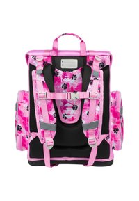 Zaino rosa con dettagli in rete nera, spallacci regolabili, motivo a impronte di zampa e maniglia superiore per il trasporto. Include un'area per l'etichetta del nome.