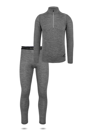 Langärmliges graues Thermoshirt mit Viertelreißverschluss und passenden grauen Thermoleggings mit elastischem Bund für den Außeneinsatz.