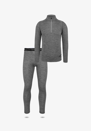 Langärmliges graues Thermoshirt mit Viertelreißverschluss und passenden grauen Thermoleggings mit elastischem Bund für den Außeneinsatz.