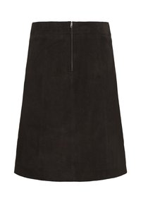 Jupe trapèze en daim noir avec une fermeture éclair visible à l'avant, allant de la taille jusqu'au milieu de la cuisse, avec des détails de coutures sur le tissu.