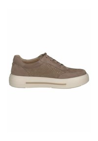 Beige suede sneaker with perforated detailing, round toe, lace-up closure, and a chunky white sole. Subtle metallic accents on the upper.
