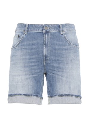 Pantaloncini di denim azzurro chiaro con orli risvoltati, bottone frontale, cerniera, passanti per cintura e tasche frontali su sfondo bianco.