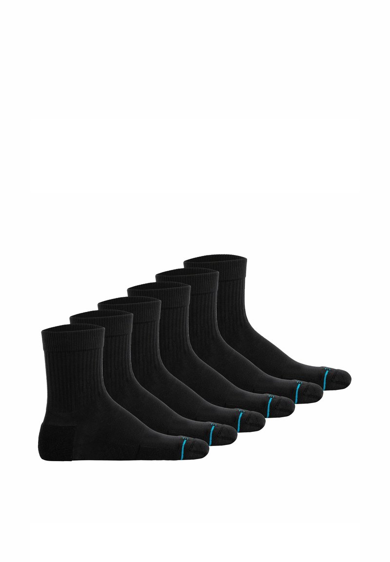 Sei paia di calzini neri a calzino con texture a coste, tallone rinforzato e accento blu chiaro nella punta, progettati per comfort e durata.