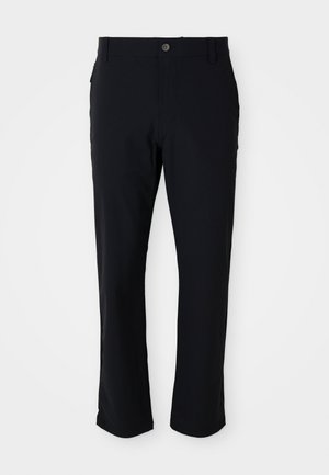 Black trousers featuring a button closure, straight leg design, smooth texture, and side pockets, suitable for a variety of occasions.