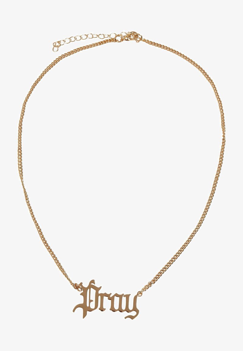 Gouden ketting met het woord "Pray" in een decoratief, stijlvol lettertype. De ketting is dun met een lobstersluiting en een verlengstuk.