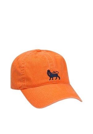 Feloranje baseballpet met een gebogen klep en een klein zwart geborduurd leeuwenlogo op het voorpaneel.
