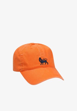 Feloranje baseballpet met een gebogen klep en een klein zwart geborduurd leeuwenlogo op het voorpaneel.