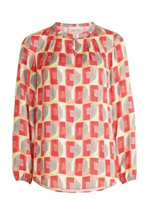 Bunt gemusterte Bluse aus leichtem Stoff, mit einem geometrischen Muster in Rot, Grau und Gelb. Lange Ärmel mit gerafften Manschetten, runder Halsausschnitt.
