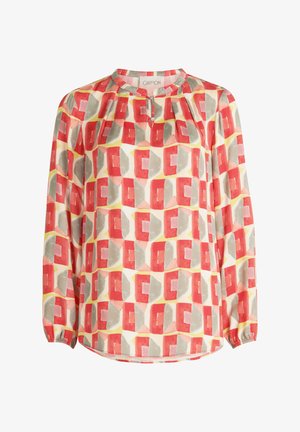 Bunt gemusterte Bluse aus leichtem Stoff, mit einem geometrischen Muster in Rot, Grau und Gelb. Lange Ärmel mit gerafften Manschetten, runder Halsausschnitt.
