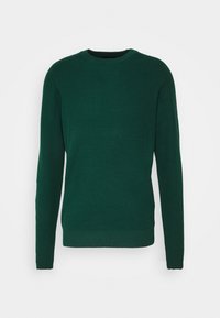 Pull vert foncé à manches longues en tricot avec un col rond et un motif texturé, présenté sur un fond clair uni.