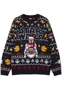Schwarzer Strickpullover mit einem festlichen "Star Wars"-Design, das bunte Motive zeigt, einschließlich Charakteren und Symbolen in Rot, Grün und Gelb.