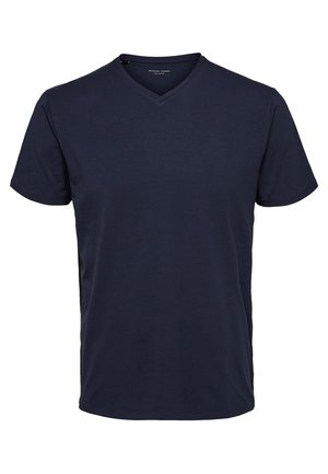 Mørkeblå V-hals t-shirt lavet af bomuldsblanding. Korte ærmer, normal pasform, glat tekstur og ingen synlige mønstre eller udsmykninger.
