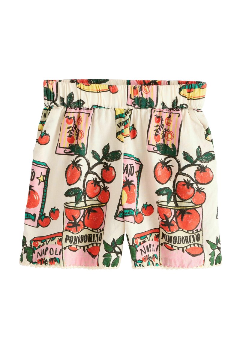 Pantalones cortos de algodón con cintura elástica, que presentan un estampado colorido con temática de tomates, incluyendo latas y enredaderas en rojo, verde y rosa.
