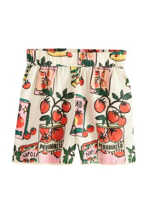Shorts aus leichtem Stoff mit einem bunten Muster aus Tomaten und Dosen, mit elastischem Bund und gewelltem Saum.
