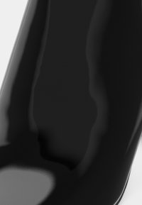 Surface courbe noire brillante avec des reflets lisses, probablement une partie d'un objet ou d'un appareil moderne, montrée en gros plan sur un fond uni.