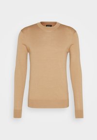 Pull beige à manches longues et col rond avec poignets et ourlet côtelés, présenté sur un fond blanc uni.
