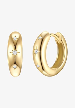 Złote kolczyki w kształcie obręczy z gwiezdnymi akcentami, z czterema małymi diamentami osadzonymi w gładkim, zaokrąglonym wzorze. Polerowana faktura, bezpieczne zapięcie.