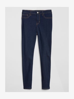 Tumedate teksaskangad kitsaste säärtega, kontrastsest õmblusest, viie taskuga disainiga ja metallist nööpidega kinnitusega. Sile tekstuur ja kitsenev siluett.