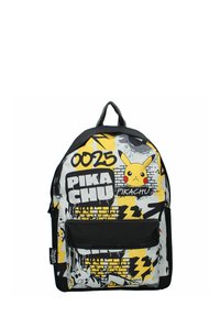 Rucksack mit Pikachu-Design in Grau, Gelb und Schwarz; Muster enthalten Blitze und Graffiti-Stilelemente; mit einer Vordertasche.