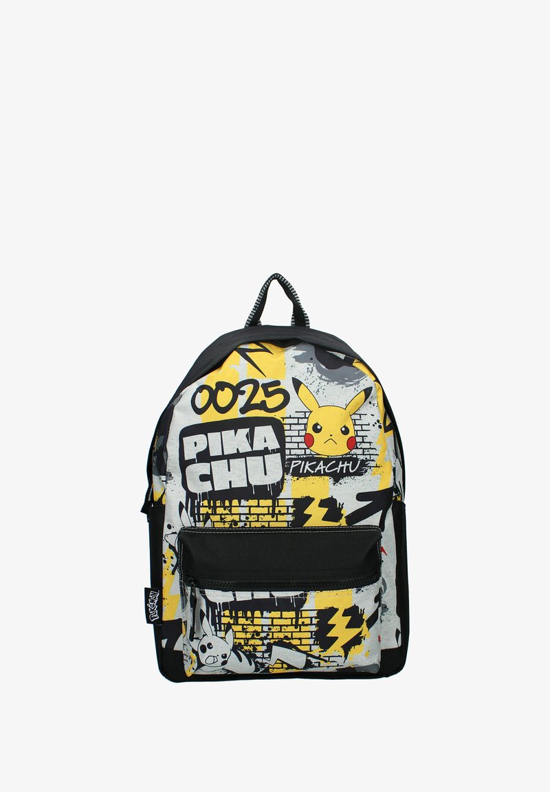 Rugzak met Pikachu-design in grijs, geel en zwart; patronen omvatten bliksemflitsen en graffiti-achtige accenten; voorvak inbegrepen.