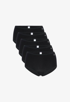 Black cotton briefs in a pack of five, featuring a smooth texture, elastic waistband, and a simple design with a logo tag.