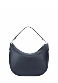 Sac à épaule en cuir noir avec une texture lisse et une forme incurvée. Il comporte une seule sangle et une fermeture éclair sur le dessus.