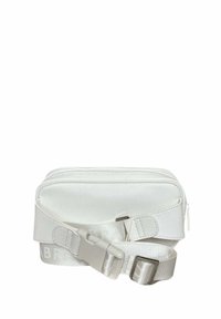 Sac à bandoulière blanc en matériau synthétique lisse, doté d'un compartiment principal zippé et d'une sangle ajustable avec une fermeture à boucle.