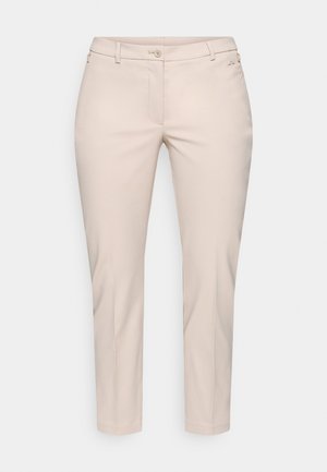 Beige, egyenes szabású nadrág sima anyagból, elöl cipzárral és gombos zárással, valamint oldalsó zsebekkel.