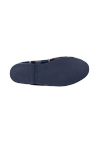 Suela de zapato de color azul con un acabado texturizado. La suela exterior es sólida, proporciona agarre y presenta un contorno de tacón elevado.