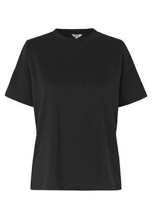 Black short-sleeve T-shirt made of smooth cotton, featuring a crew neck and a relaxed fit. Simple design, no patterns or additional details.