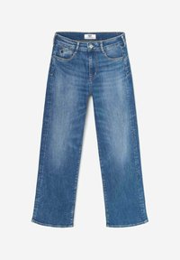 Jeans en denim bleu avec une coupe droite, dotés d'une taille mi-haute, de cinq poches et d'un léger effet décoloré. Le tissu est lisse avec une finition classique.